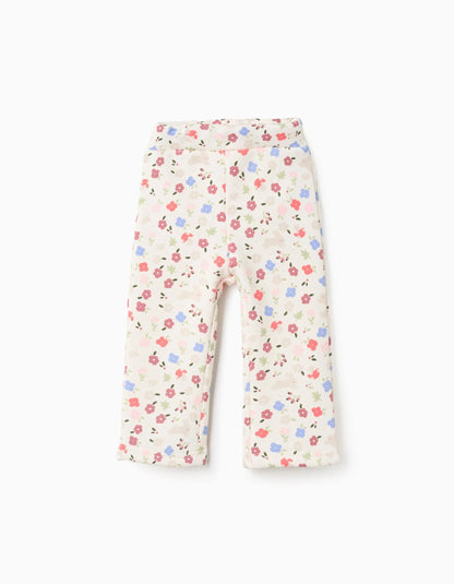 Brushed flared leggings with floral motif for baby girls, white