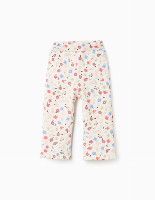 Brushed flared leggings with floral motif for baby girls, white