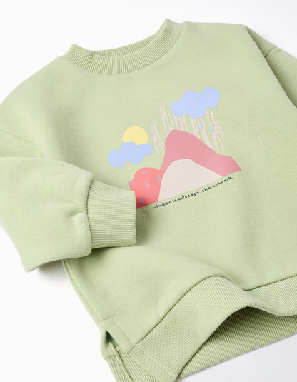 Brushed sweatshirt + leggings set for baby girls, light green/blue