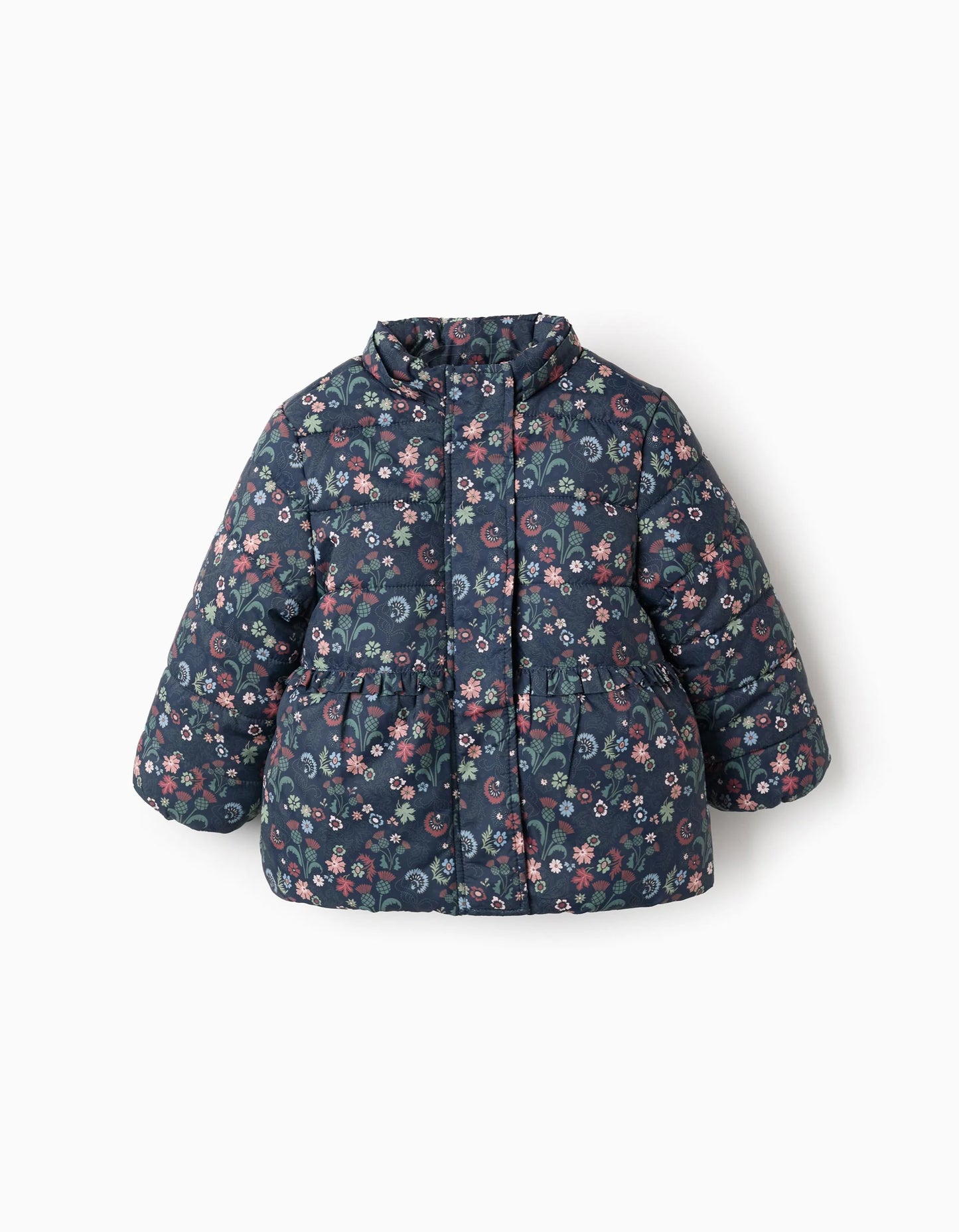 Padded Floral Hooded Jacket with Removable Hood for Baby Girls, Dark Blue