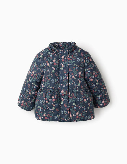 Padded Floral Hooded Jacket with Removable Hood for Baby Girls, Dark Blue