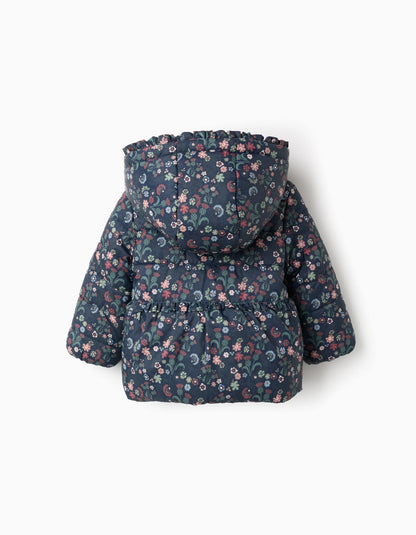Padded Floral Hooded Jacket with Removable Hood for Baby Girls, Dark Blue