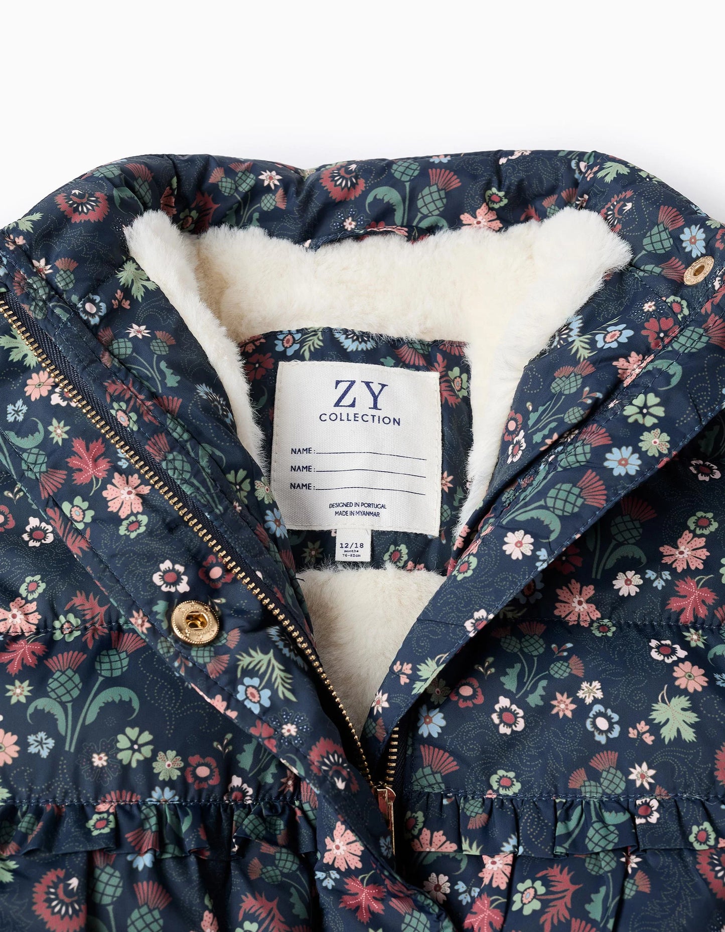 Padded Floral Hooded Jacket with Removable Hood for Baby Girls, Dark Blue