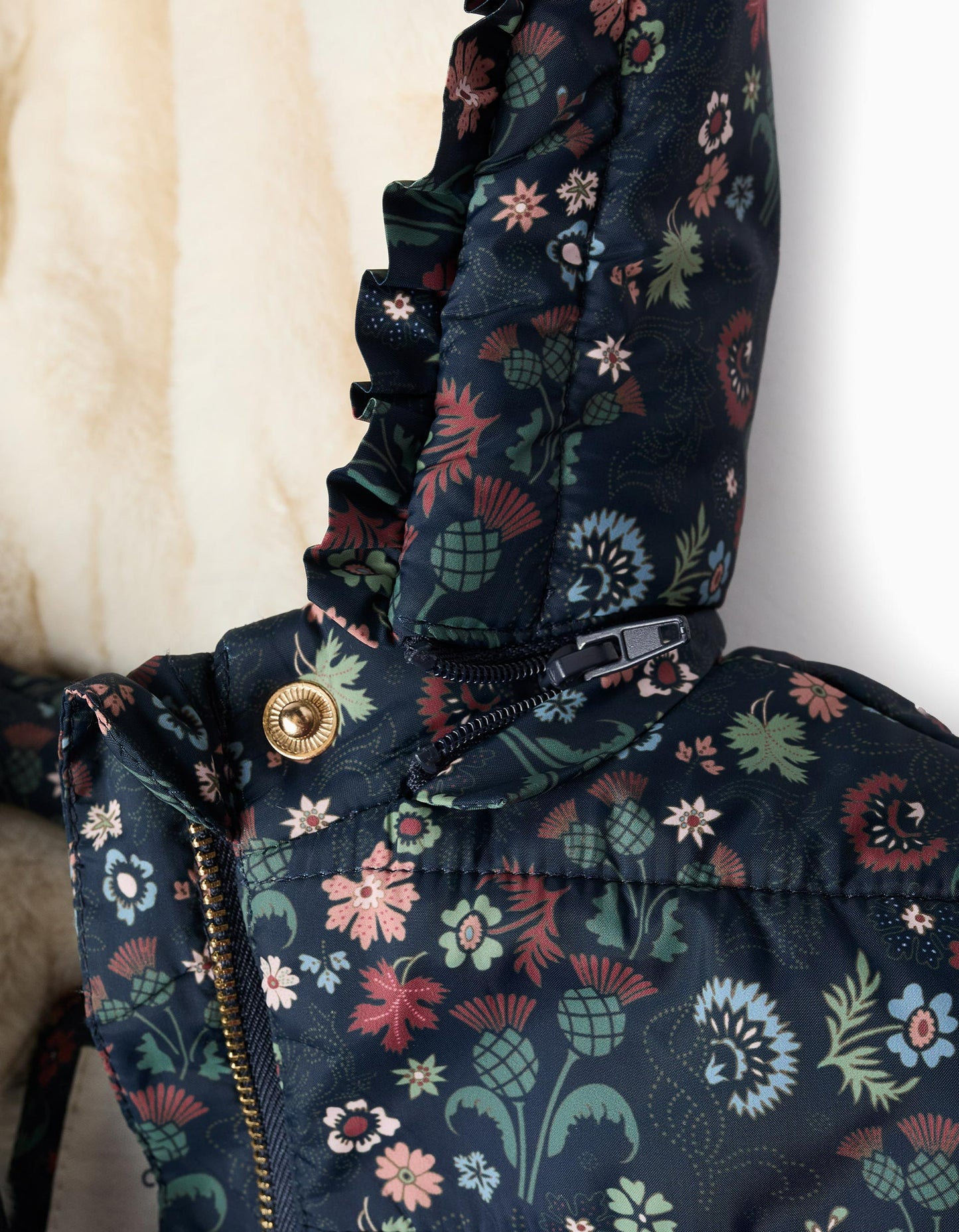 Padded Floral Hooded Jacket with Removable Hood for Baby Girls, Dark Blue