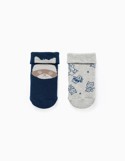 Pack 2 Pairs of Non-slip Socks for Baby Boys 'Raccoon', Blue