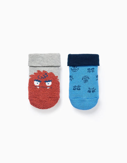 Pack 2 Pairs of Non-slip Socks for Babies 'Monsters', Blue/Grey