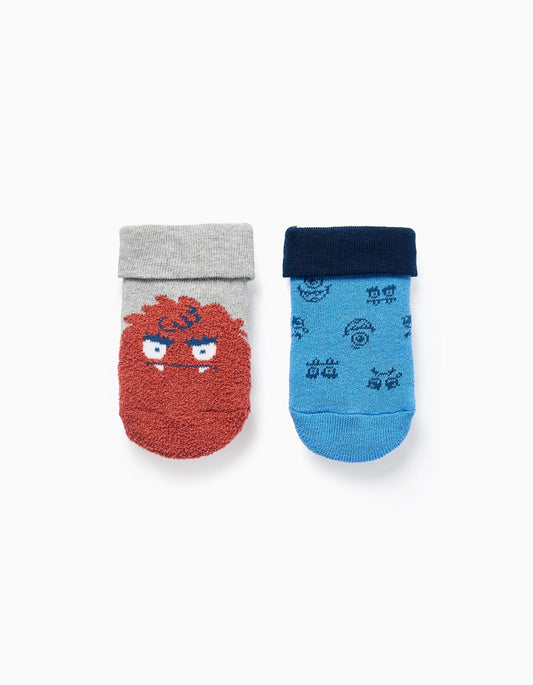 Pack 2 Pairs of Non-slip Socks for Babies 'Monsters', Blue/Grey