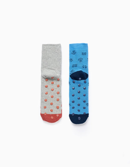 Pack 2 Pairs of Non-slip Socks for Boys 'Monsters', Blue/Grey