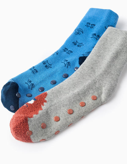 Pack 2 Pairs of Non-slip Socks for Boys 'Monsters', Blue/Grey
