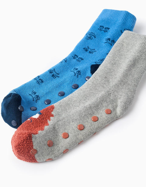Pack 2 Pairs of Non-slip Socks for Boys 'Monsters', Blue/Grey