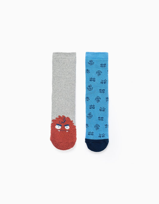 Pack 2 Pairs of Non-slip Socks for Boys 'Monsters', Blue/Grey