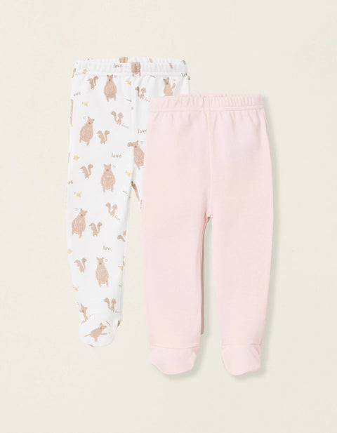 Pack of 2 Footed Trousers for Baby Girls 'Family Love', Pink/White