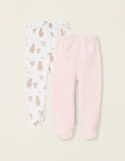 Pack of 2 Footed Trousers for Baby Girls 'Family Love', Pink/White