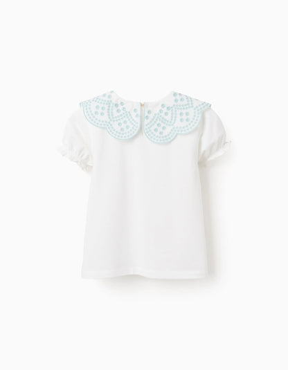 T-shirt with English Embroidery Collar for Girls, White/Aqua Green