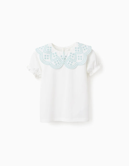 T-shirt with English Embroidery Collar for Girls, White/Aqua Green