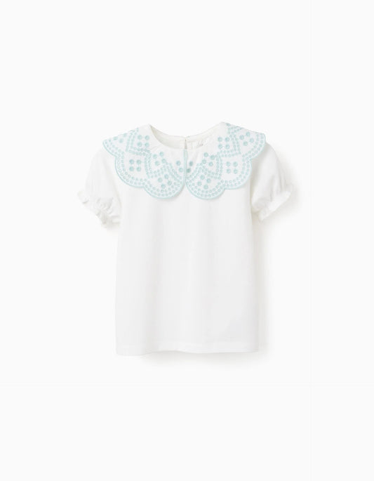 T-shirt with English Embroidery Collar for Girls, White/Aqua Green