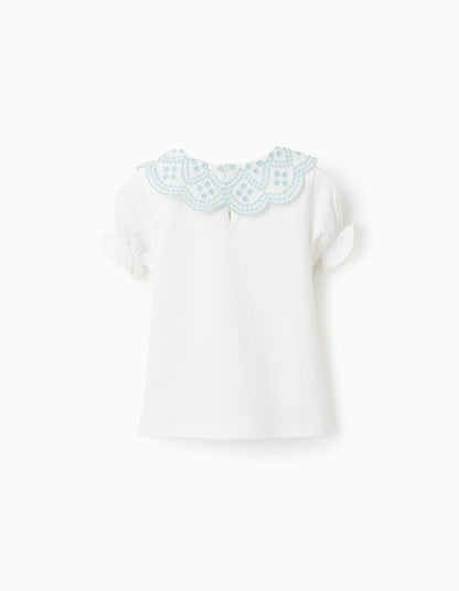 T-shirt with Broderie Anglaise Collar for Baby Girls, White/Green