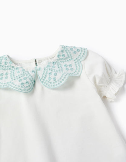 T-shirt with Broderie Anglaise Collar for Baby Girls, White/Green