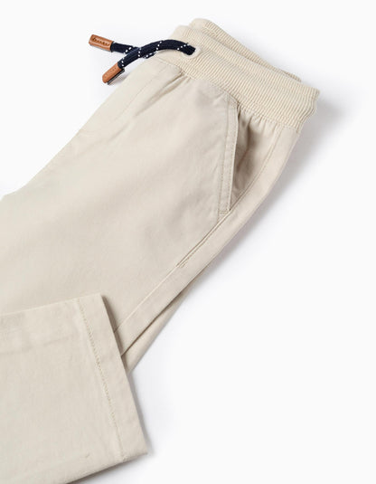 Twill Trousers with Elastic Waist and Drawstring for Baby Boys, Beige