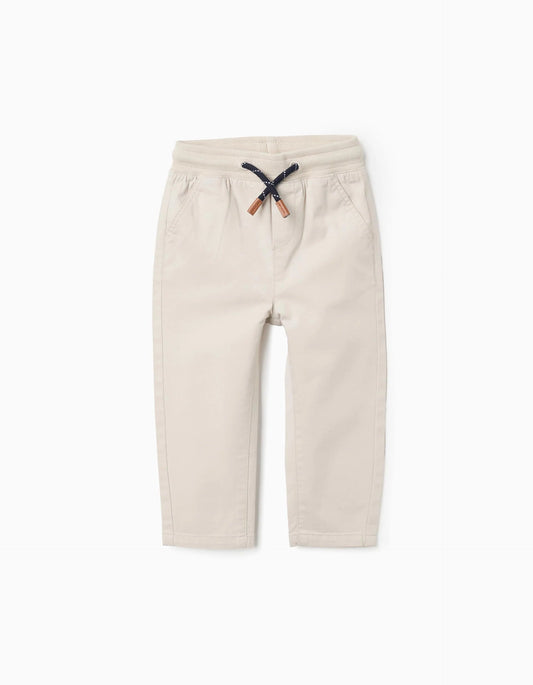 Twill Trousers with Elastic Waist and Drawstring for Baby Boys, Beige