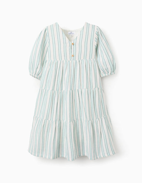 Striped Cotton Dress for Girls 'B&S', Green/White/Orange