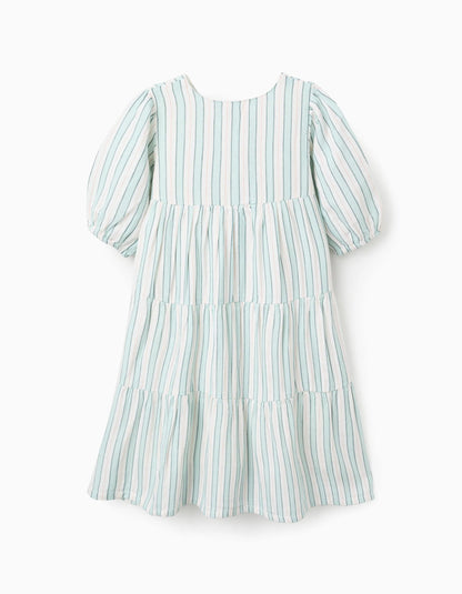 Striped Cotton Dress for Girls 'B&S', Green/White/Orange