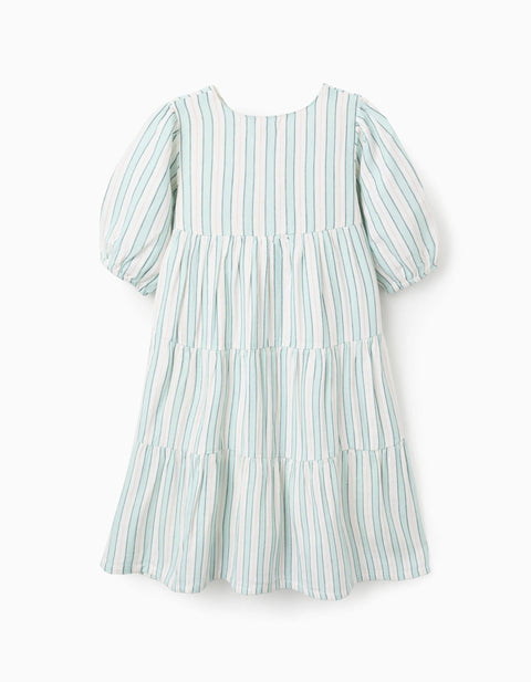 Striped Cotton Dress for Girls 'B&S', Green/White/Orange