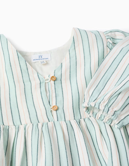 Striped Cotton Dress for Girls 'B&S', Green/White/Orange