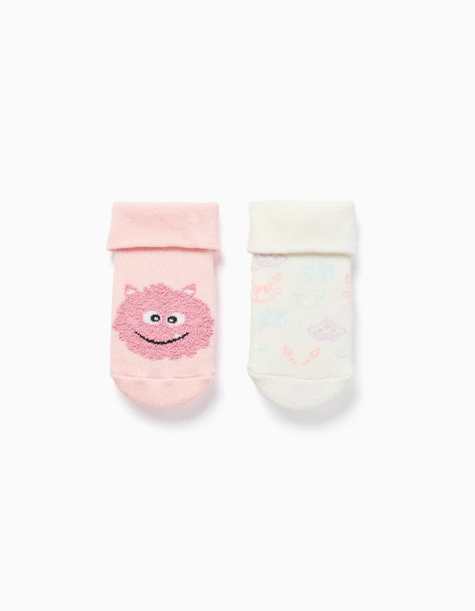 Pack of 2 Pairs of Non-slip Socks for Babies 'Monsters', Pink/White