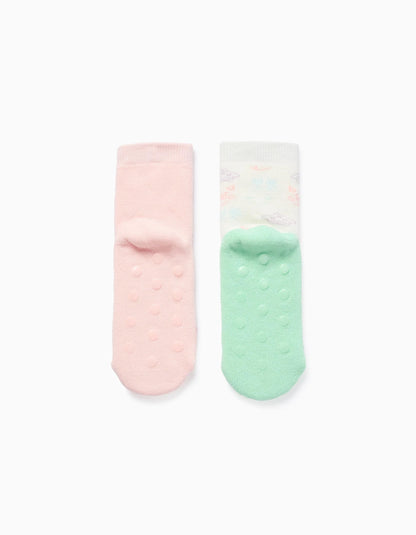 Pack of 2 Pairs of Non-slip Socks for Girls 'Monsters', Pink/White
