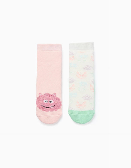Pack of 2 Pairs of Non-slip Socks for Girls 'Monsters', Pink/White