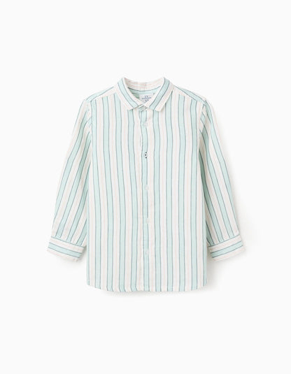 Striped Cotton Shirt for Boys 'B&S', White/Aqua Green