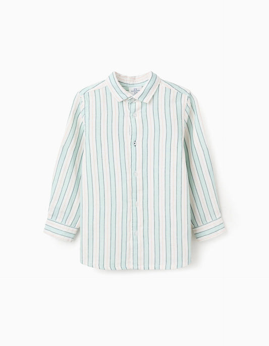 Striped Cotton Shirt for Boys 'B&S', White/Aqua Green