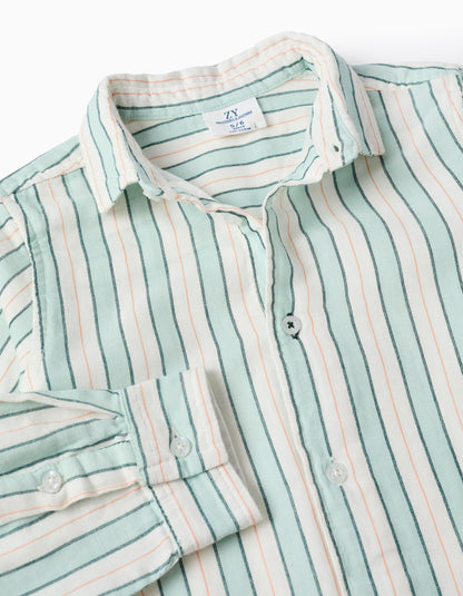 Striped Cotton Shirt for Boys 'B&S', White/Aqua Green