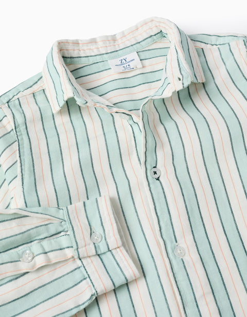 Striped Cotton Shirt for Boys 'B&S', White/Aqua Green