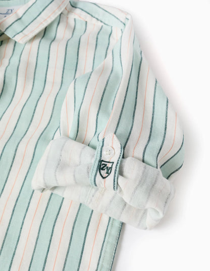 Striped Cotton Shirt for Boys 'B&S', White/Aqua Green