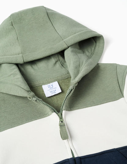 Brushed Hooded Jacket with Colour Block for Baby Boys, Green/White/Blue