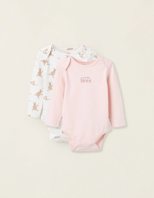Pack of 2 Cotton Bodysuits for Baby Girls 'Family Love', Pink/White