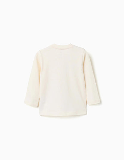 Long sleeve cotton T-shirt 'fox and worm' for baby boys, white