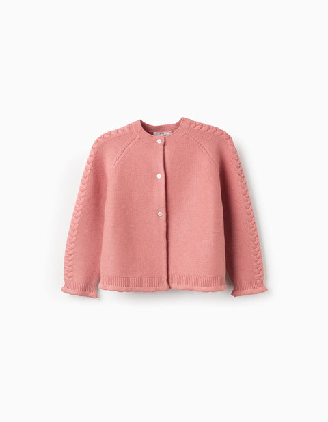 Round Neck Knitted Cardigan for Girls, Pink