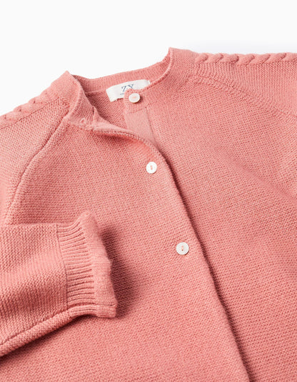 Round Neck Knitted Cardigan for Girls, Pink