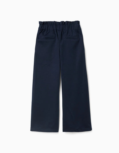 Wide Leg Trousers with Integrated Belt for Girls, Dark Blue