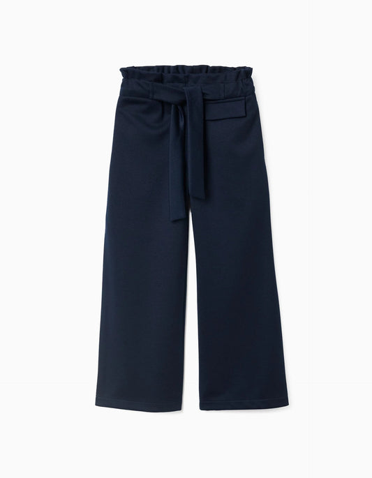 Wide Leg Trousers with Integrated Belt for Girls, Dark Blue