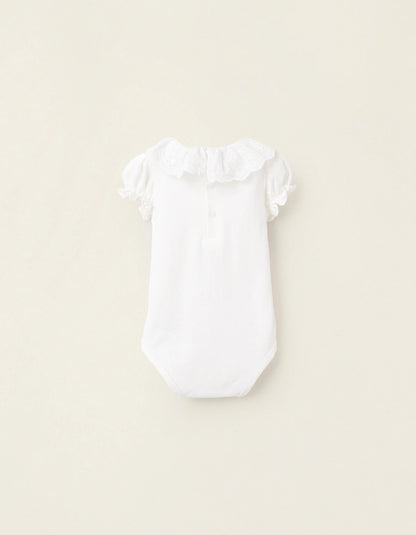 Bodysuit-Blouse with Ruffles and Broderie Anglaise for Newborn Girls, White