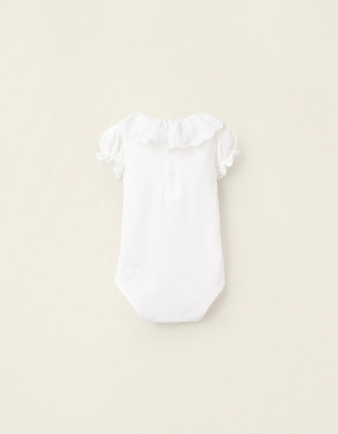 Bodysuit-Blouse with Ruffles and Broderie Anglaise for Newborn Girls, White