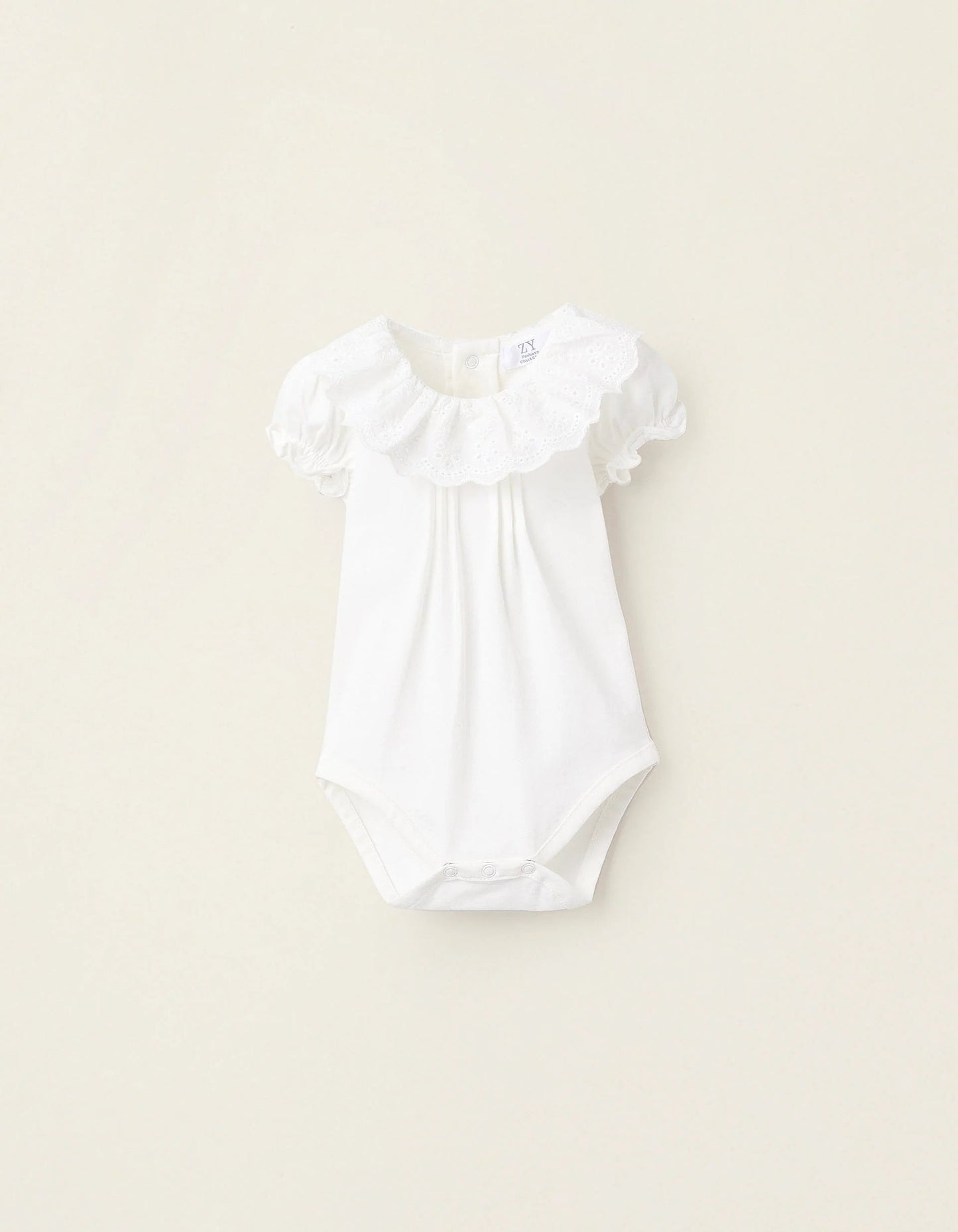 Bodysuit-Blouse with Ruffles and Broderie Anglaise for Newborn Girls, White