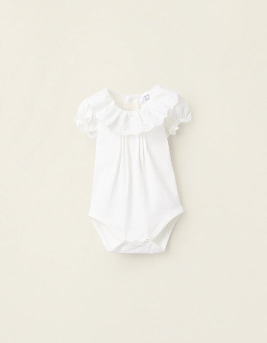 Bodysuit-Blouse with Ruffles and Broderie Anglaise for Newborn Girls, White