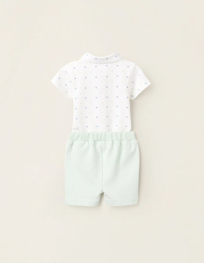 Bodysuit with Motif + Piqué Shorts for Newborns, White/Green