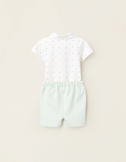 Bodysuit with Motif + Piqué Shorts for Newborns, White/Green