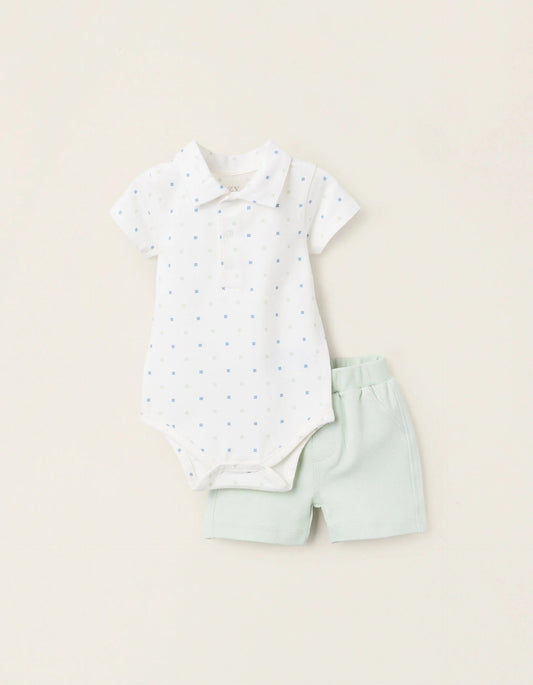 Bodysuit with Motif + Piqué Shorts for Newborns, White/Green